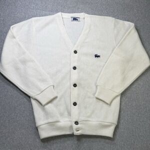 Vintage‎ Lacoste Chemise Men's Wool Cardigan Ivory Crocodile Logo